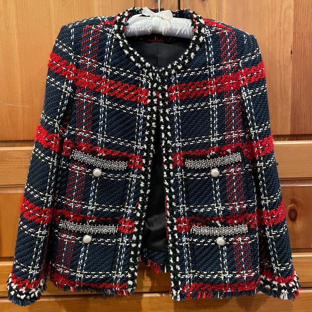 Sz Sm Tweed ZARA Plaid Checkered Tartan Blazer/Jacket w Pearl, Rhinestone Detail